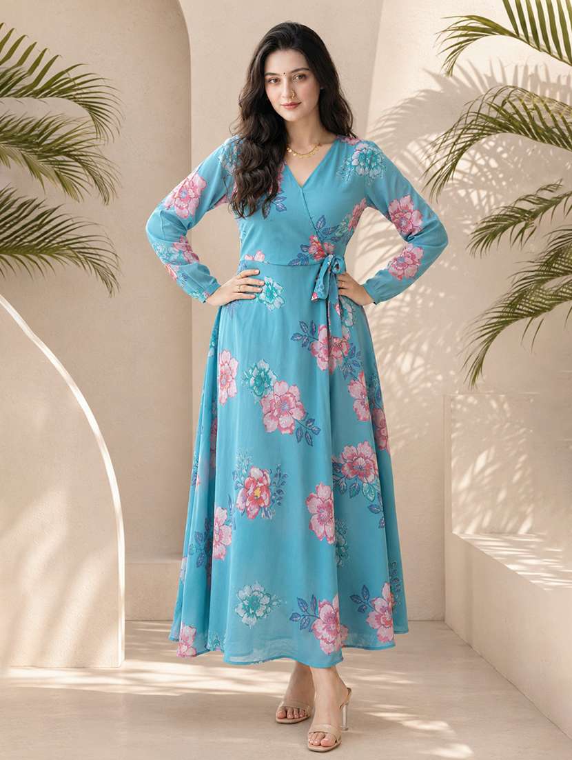 women floral print long sleeve fit & flare dress