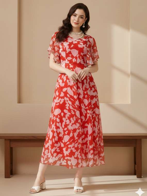 women printed flared sleeve fit & flare dress