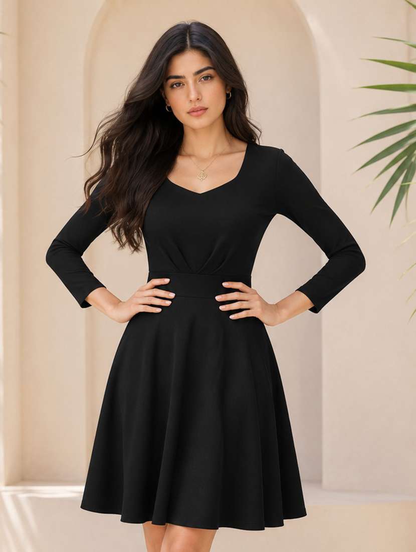 women solid three quarter sleeve fit & flare dress