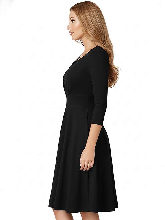 women solid three quarter sleeve fit & flare dress - 22295194 -  Standard Image - 2