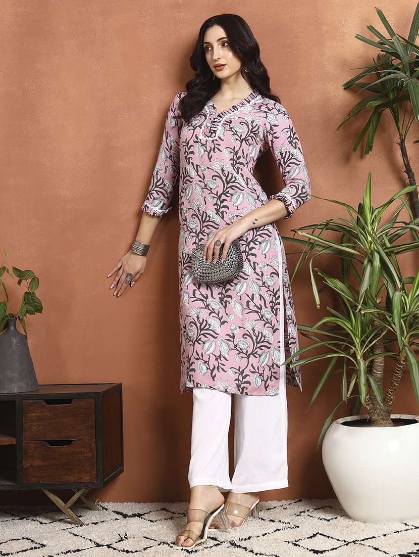 women floral three quarter sleeve straight kurta