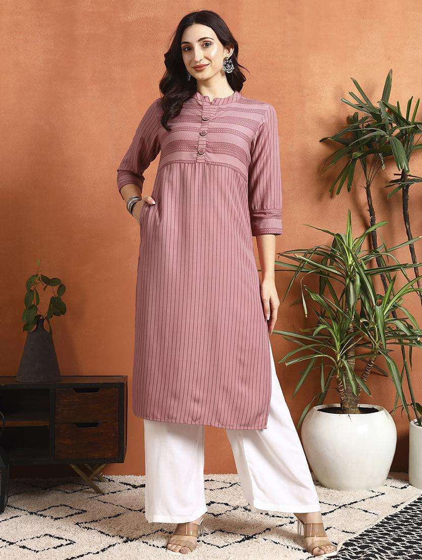 women striped three quarter sleeve kurta palazzo set - 22295641 -  Standard Image - 2