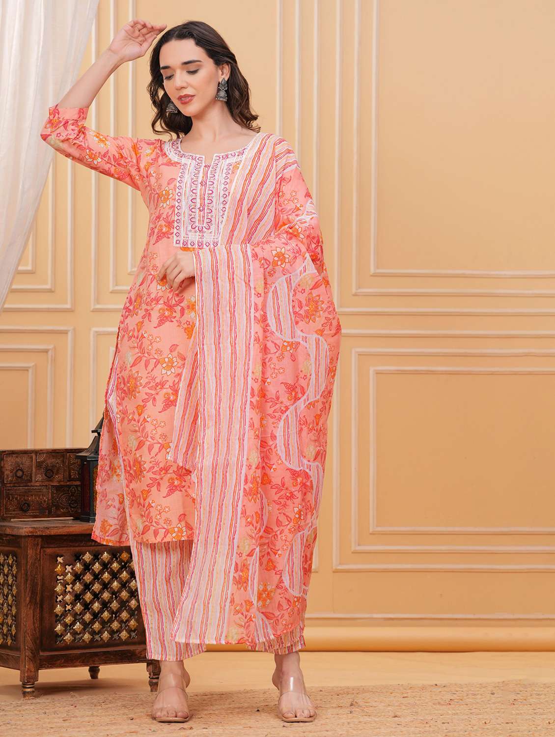 women floral three quarter sleeve kurta pant with dupatta set - 22295836 -  Standard Image - 2