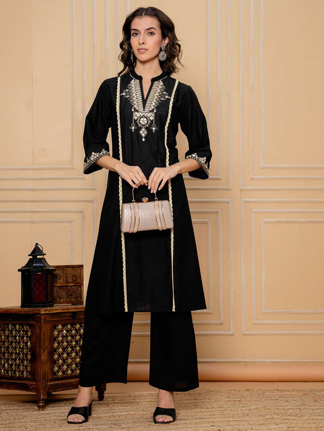women solid with work three quarter sleeve kurta pant set