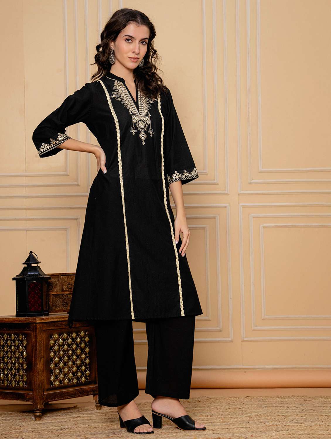 Women Solid With Work Three Quarter Sleeve Kurta Pant Set - 22295838 -  Standard Image - 2