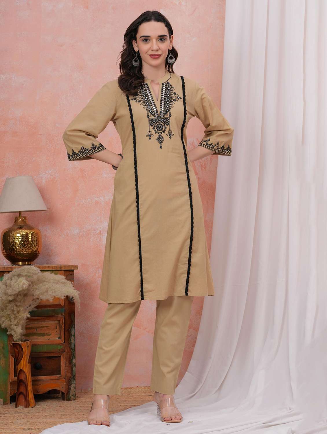 Women Solid With Work Three Quarter Sleeve Kurta Pant Set - 22295839 -  Standard Image - 2