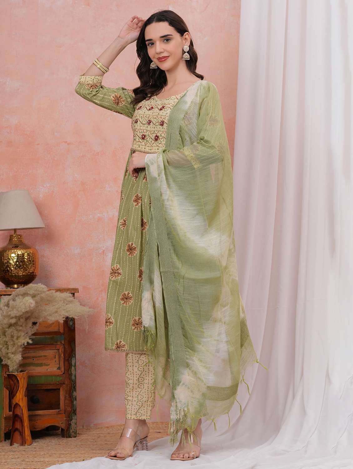 women printed three quarter sleeve kurta pant with dupatta set - 22295854 -  Standard Image - 2