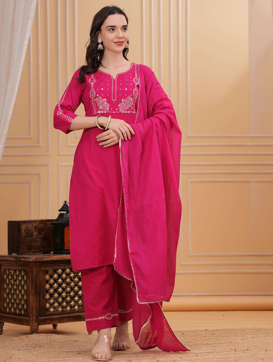 women solid with work three quarter sleeve kurta pant with dupatta set - 22295863 -  Standard Image - 2