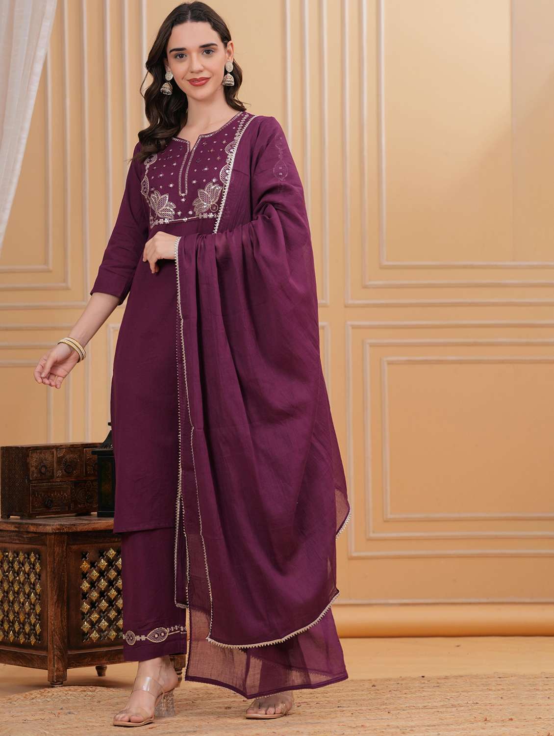 women solid with work three quarter sleeve kurta pant with dupatta set - 22295864 -  Standard Image - 2