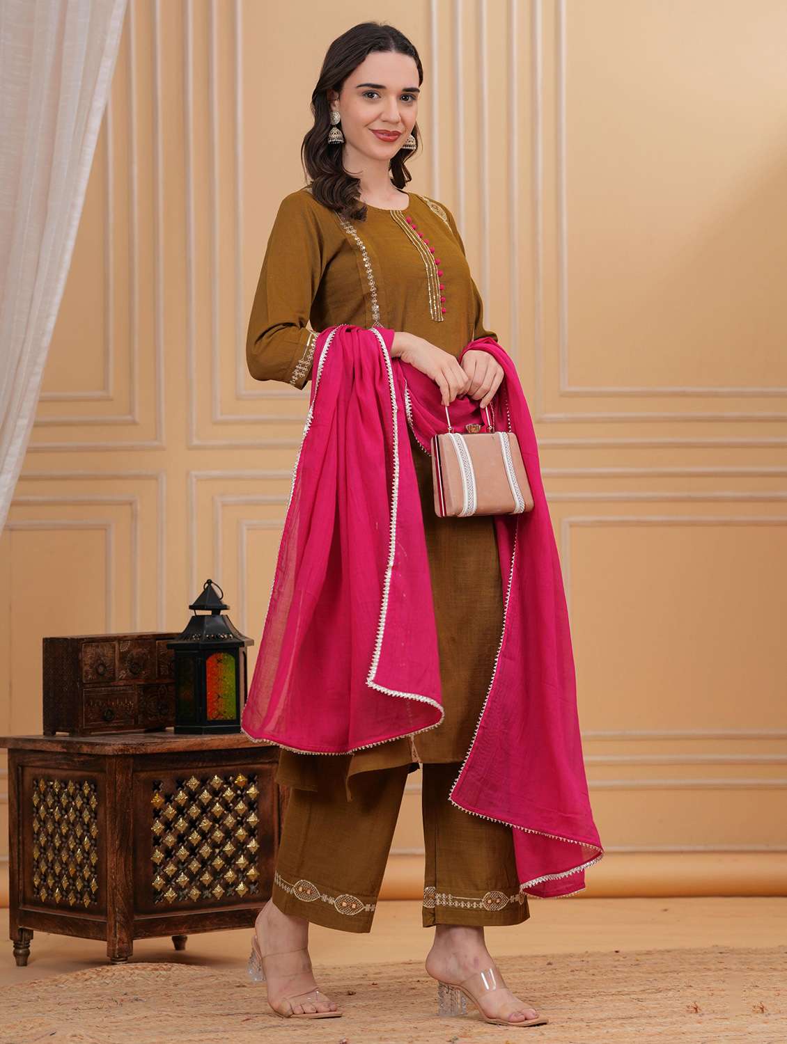 women solid with work three quarter sleeve kurta pant with dupatta set