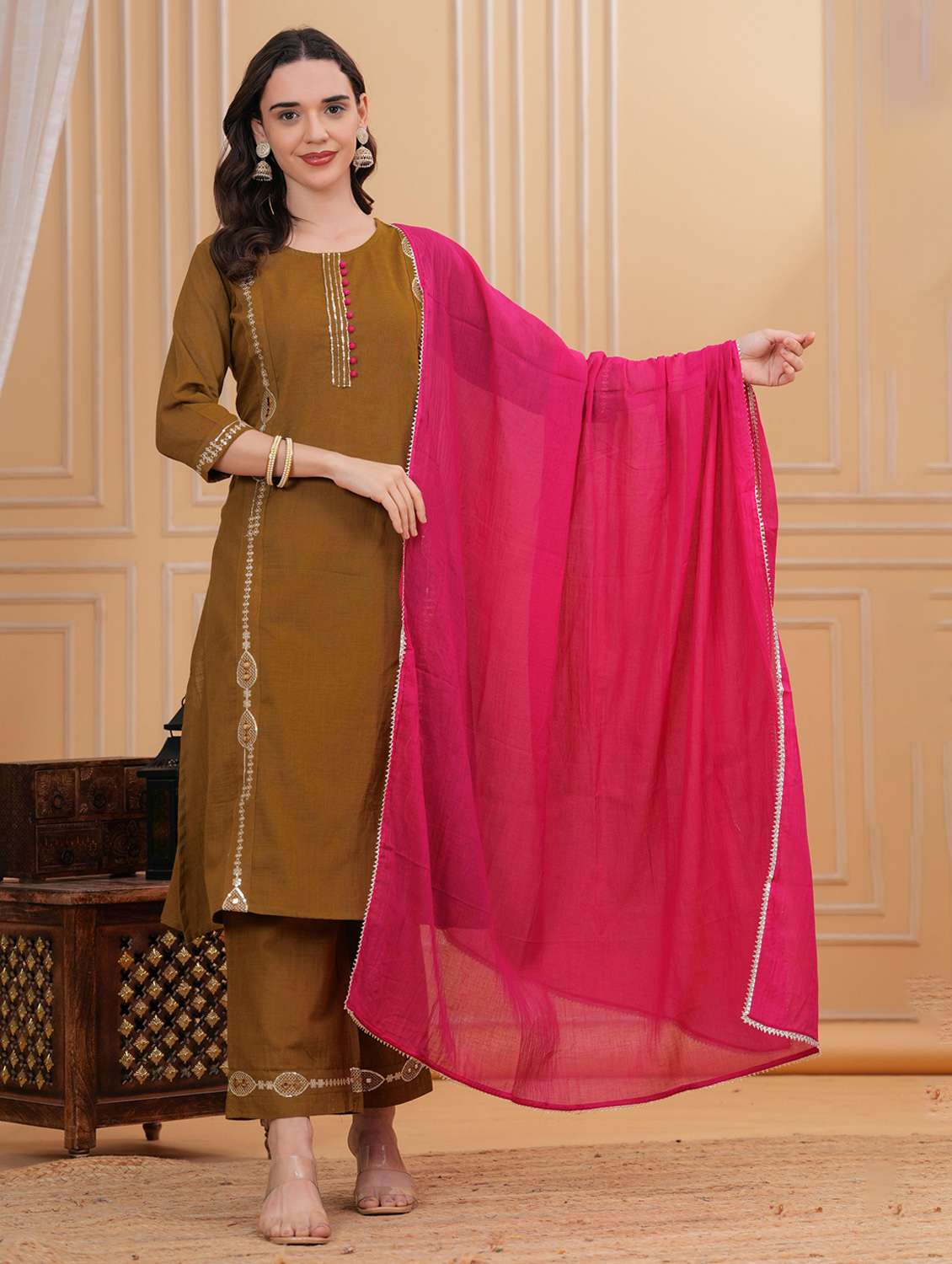 women solid with work three quarter sleeve kurta pant with dupatta set - 22295865 -  Standard Image - 2