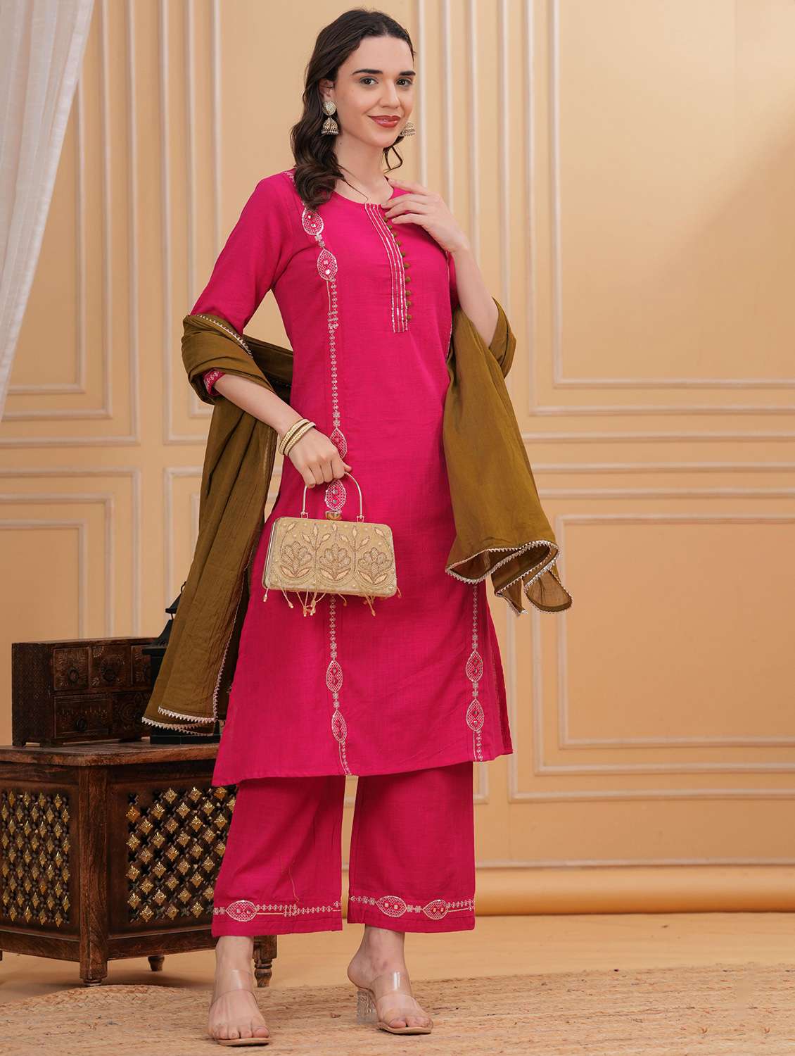 women solid with work three quarter sleeve kurta pant with dupatta set