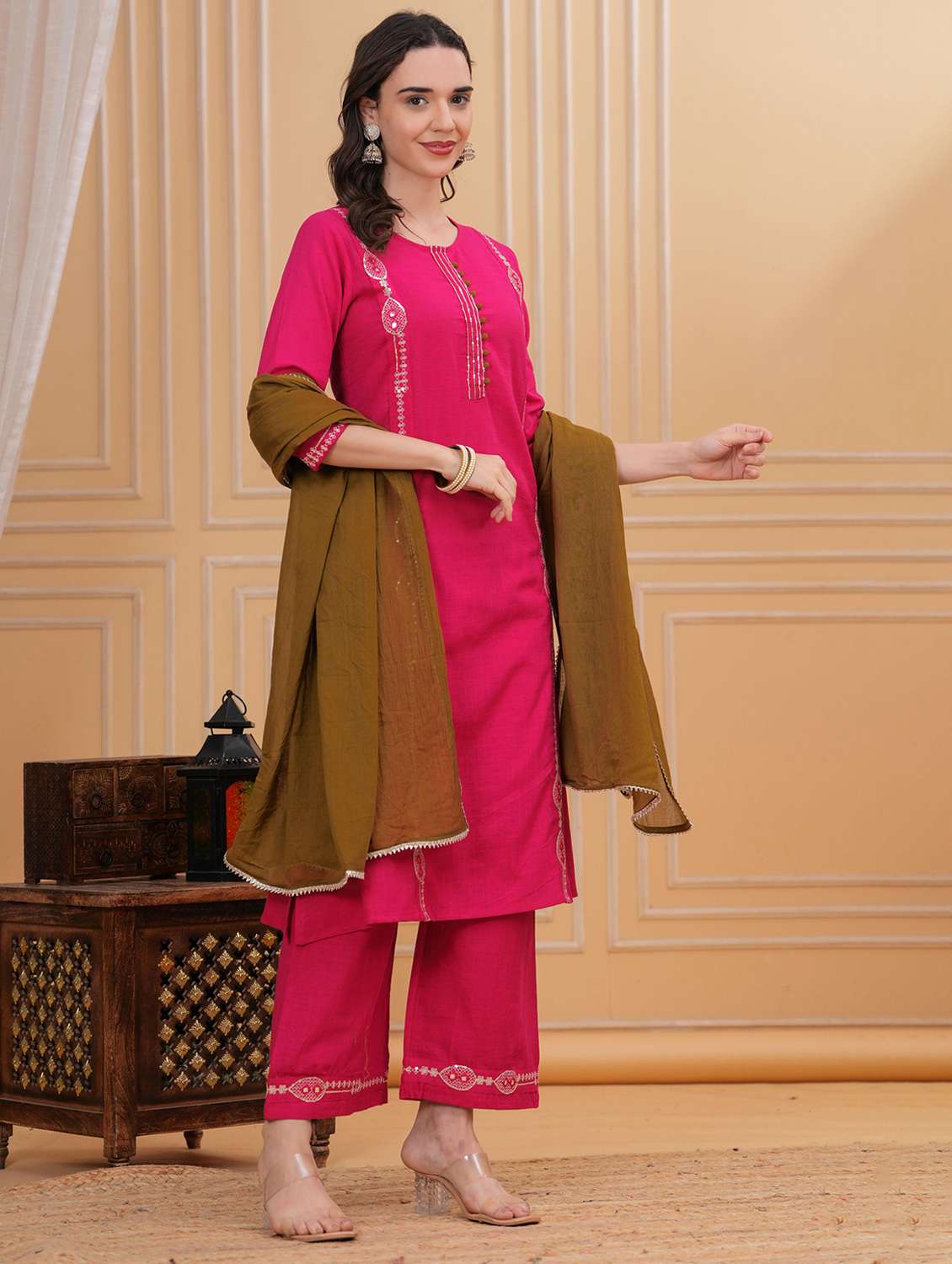 women solid with work three quarter sleeve kurta pant with dupatta set - 22295866 -  Standard Image - 2