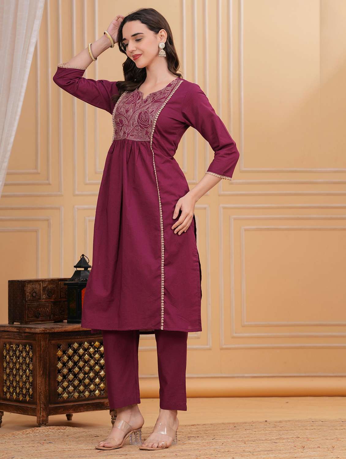 women solid with work three quarter sleeve kurta pant set - 22295867 -  Standard Image - 2