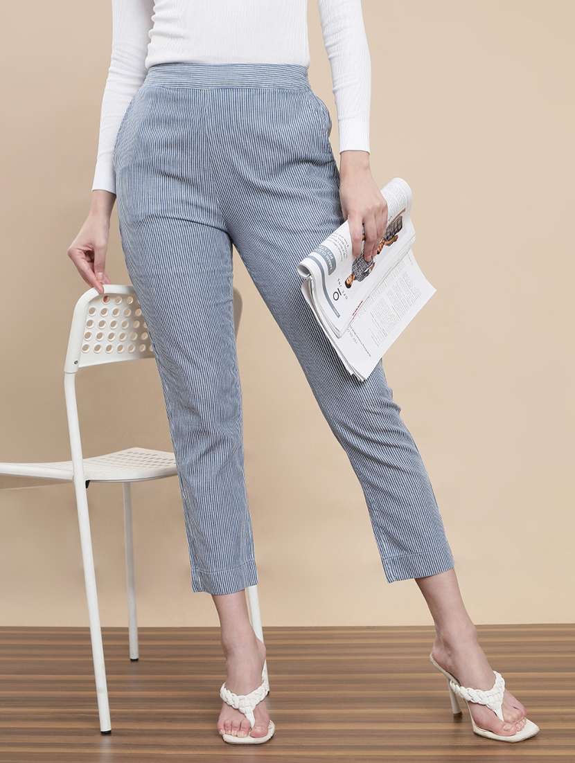 women striped mid rise cigarette pants