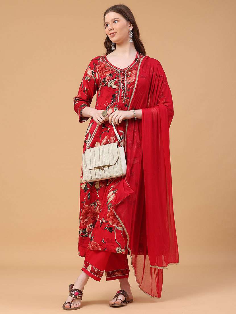 women floral three quarter sleeve kurta pant with dupatta set