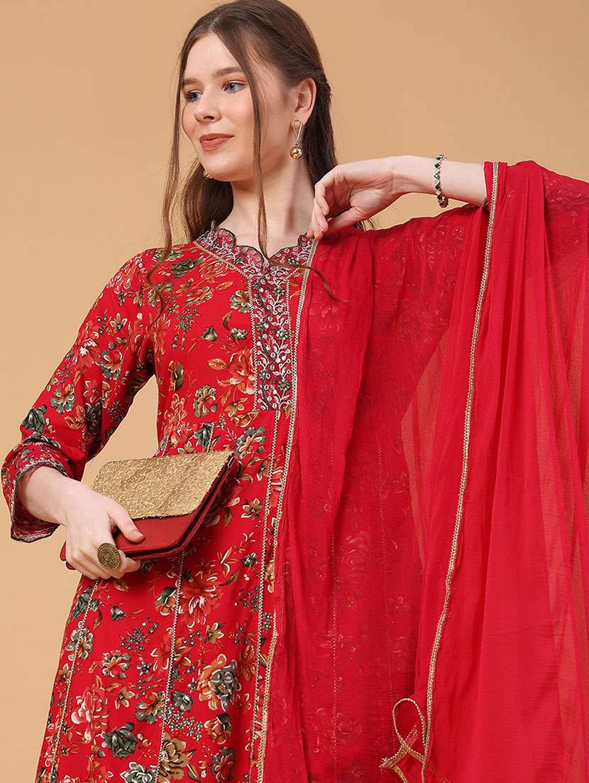 women floral three quarter sleeve kurta pant with dupatta set - 22296199 -  Standard Image - 2