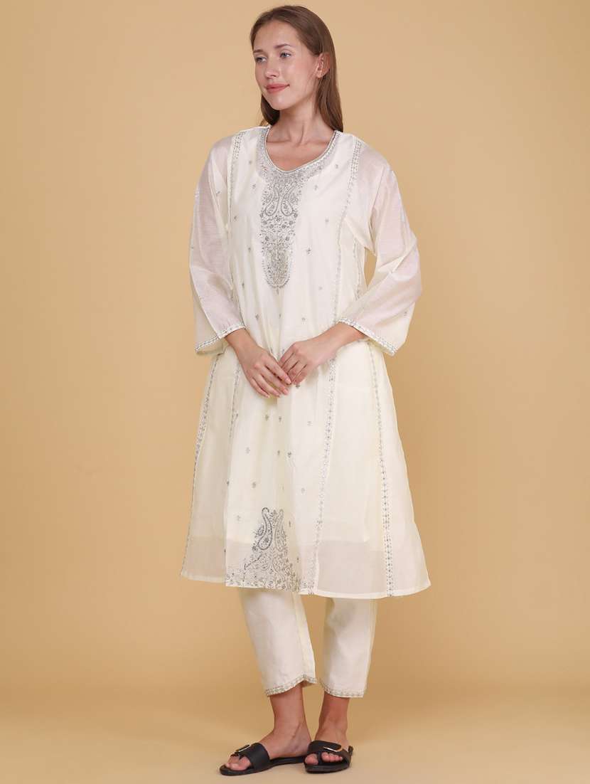 women embroidered three quarter sleeves kurta pant set - 22296568 -  Standard Image - 2