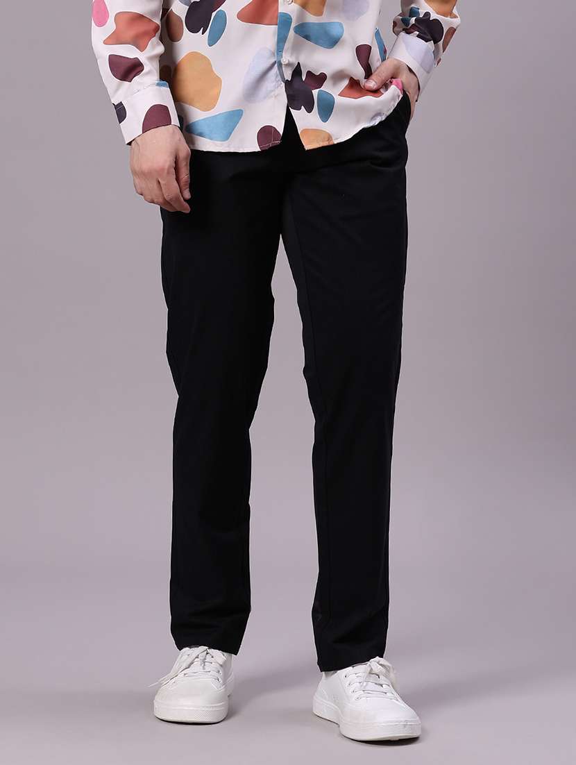 black cotton flat front casual trousers