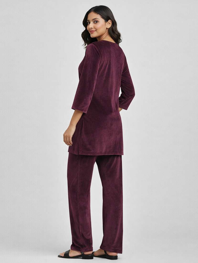 women solid three quarter sleeve velet co-ord set - 22297186 -  Standard Image - 2