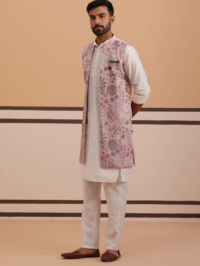 men solid with work mandarin neck kurta pyjama with jacket ethnic wear set - 22297235 -  Standard Image - 2