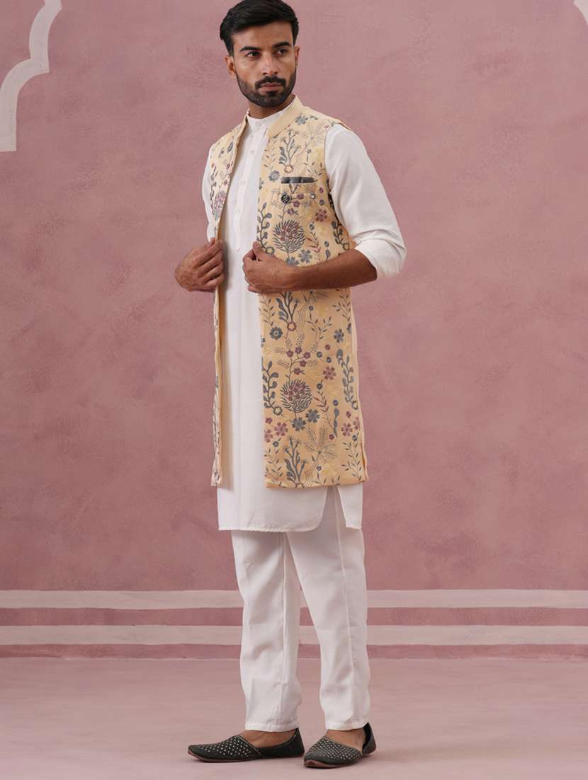 men solid with work mandarin neck kurta pyjama with jacket ethnic wear set - 22297237 -  Standard Image - 2