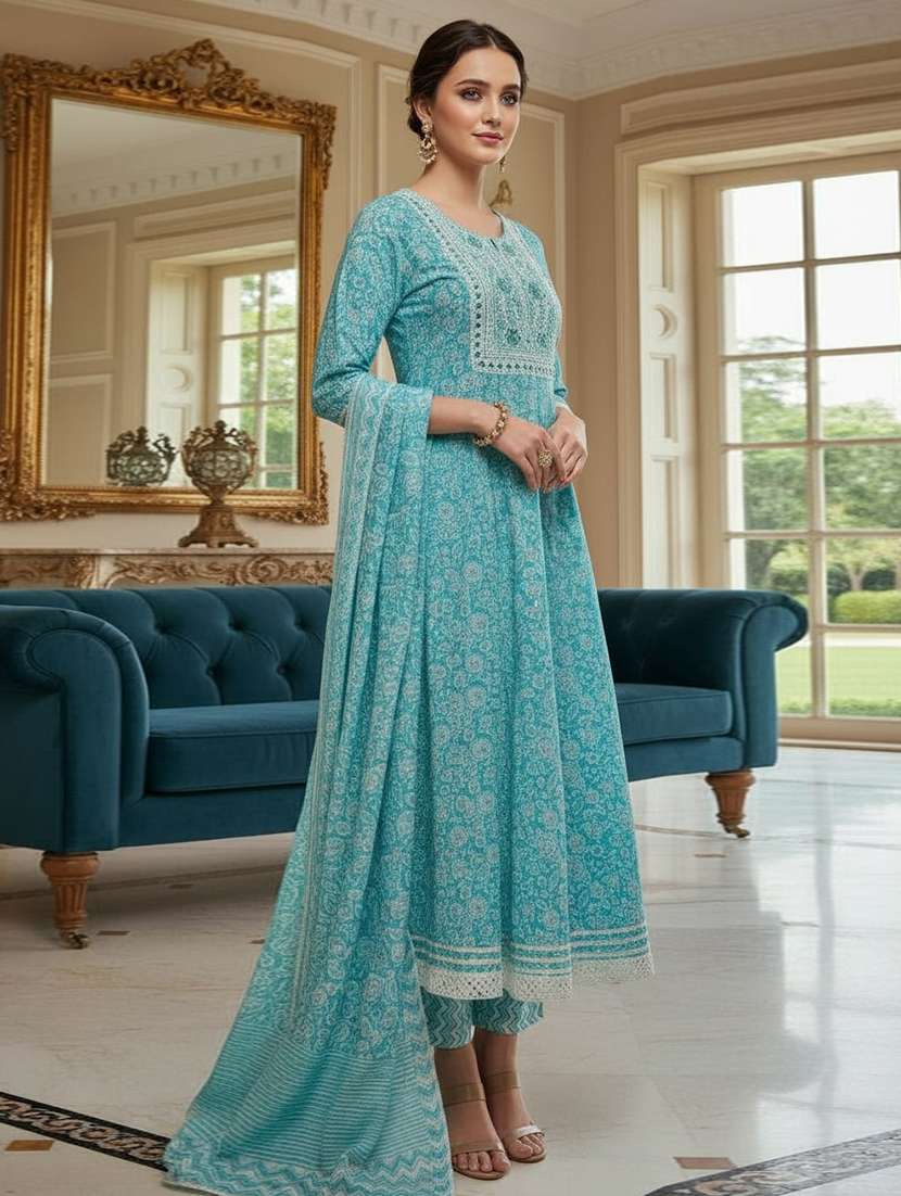 women printed three quarter sleeve kurta pant with dupatta set - 22297414 -  Standard Image - 2