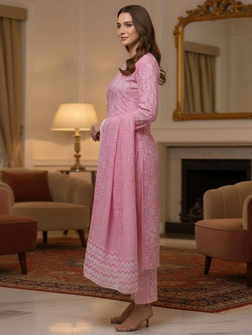 women printed three quarter sleeve kurta pant with dupatta set - 22297416 -  Standard Image - 2