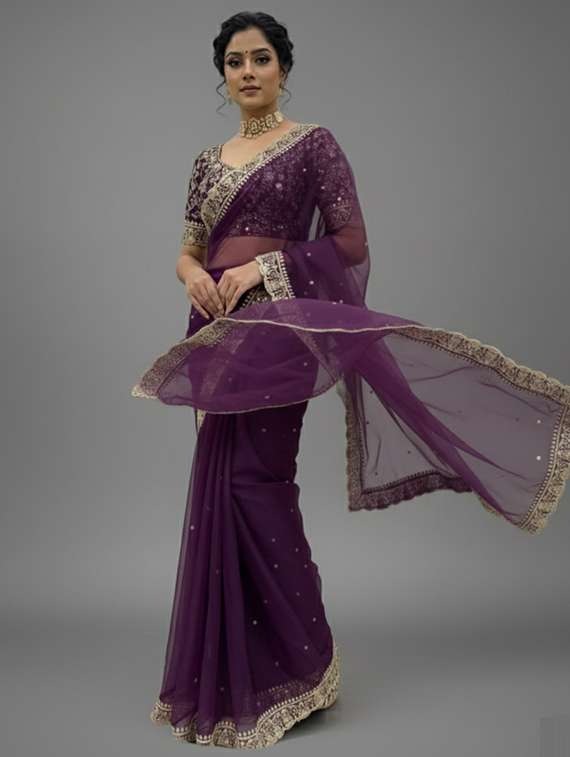 women solid with work embroidered saree with blouse - 22297421 -  Standard Image - 2
