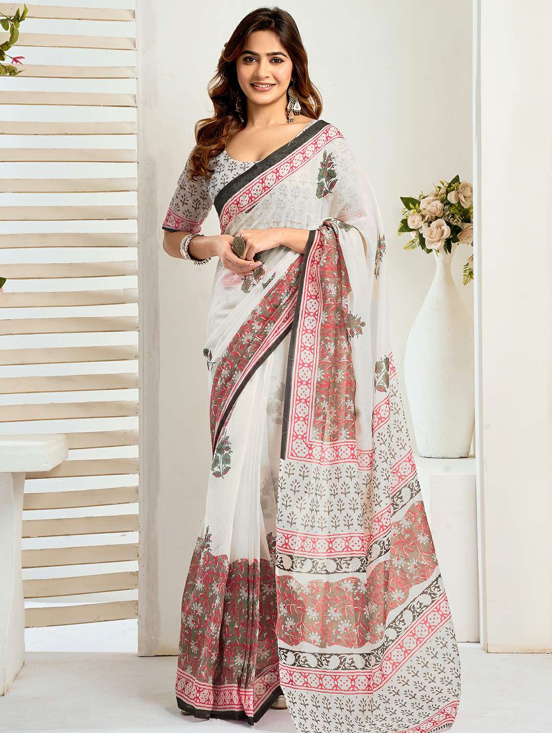 women printed ready to wear saree with blouse