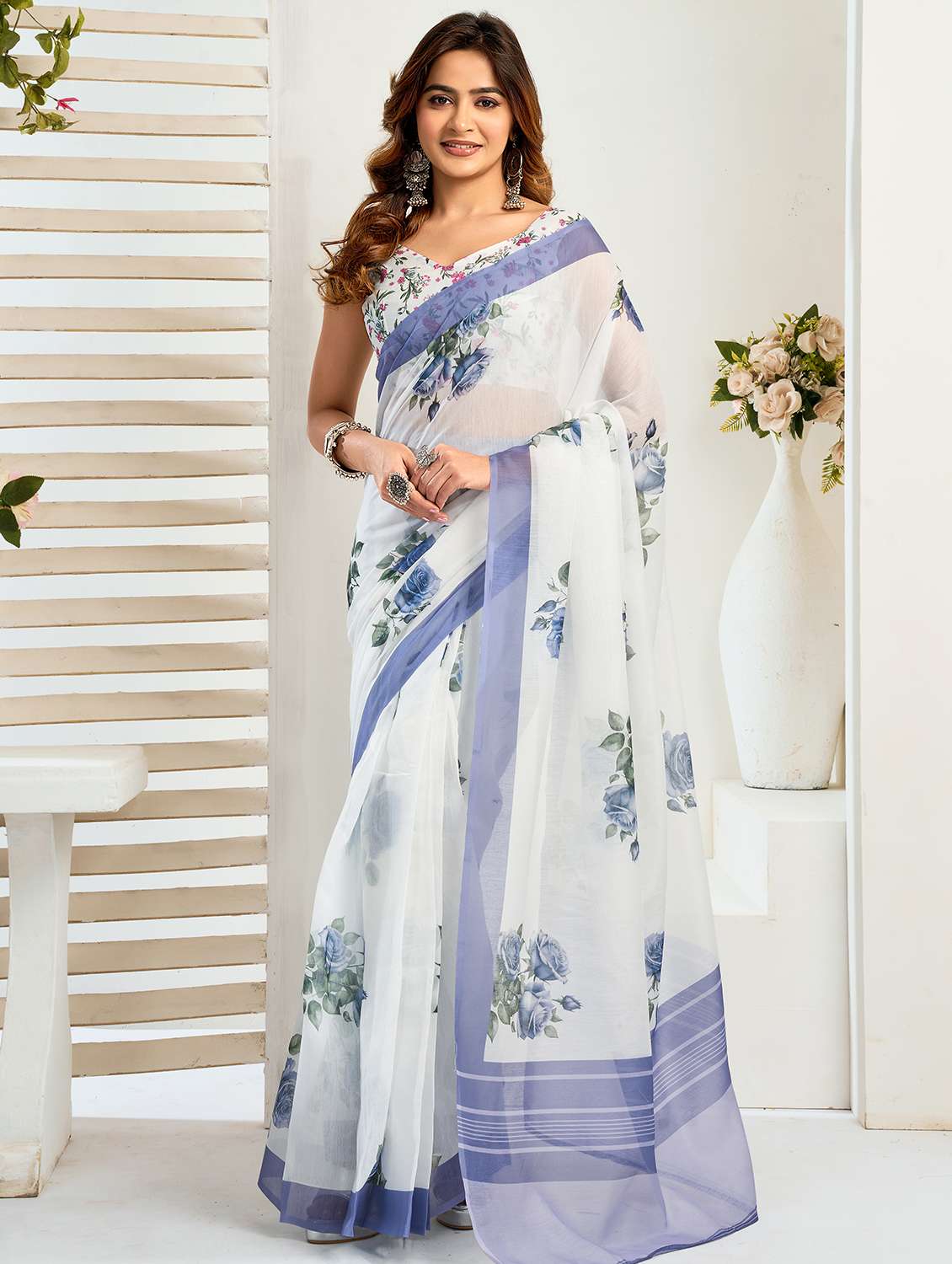 women floral printed ready to wear saree with blouse