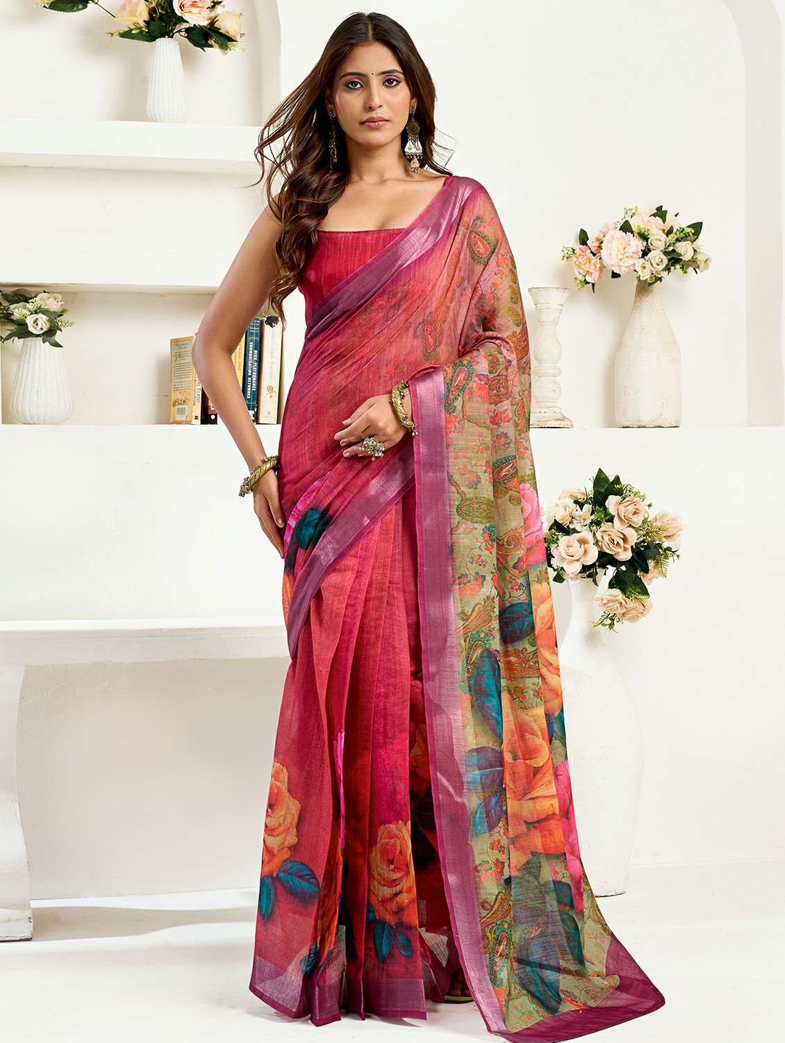 women floral printed ready to wear saree with blouse
