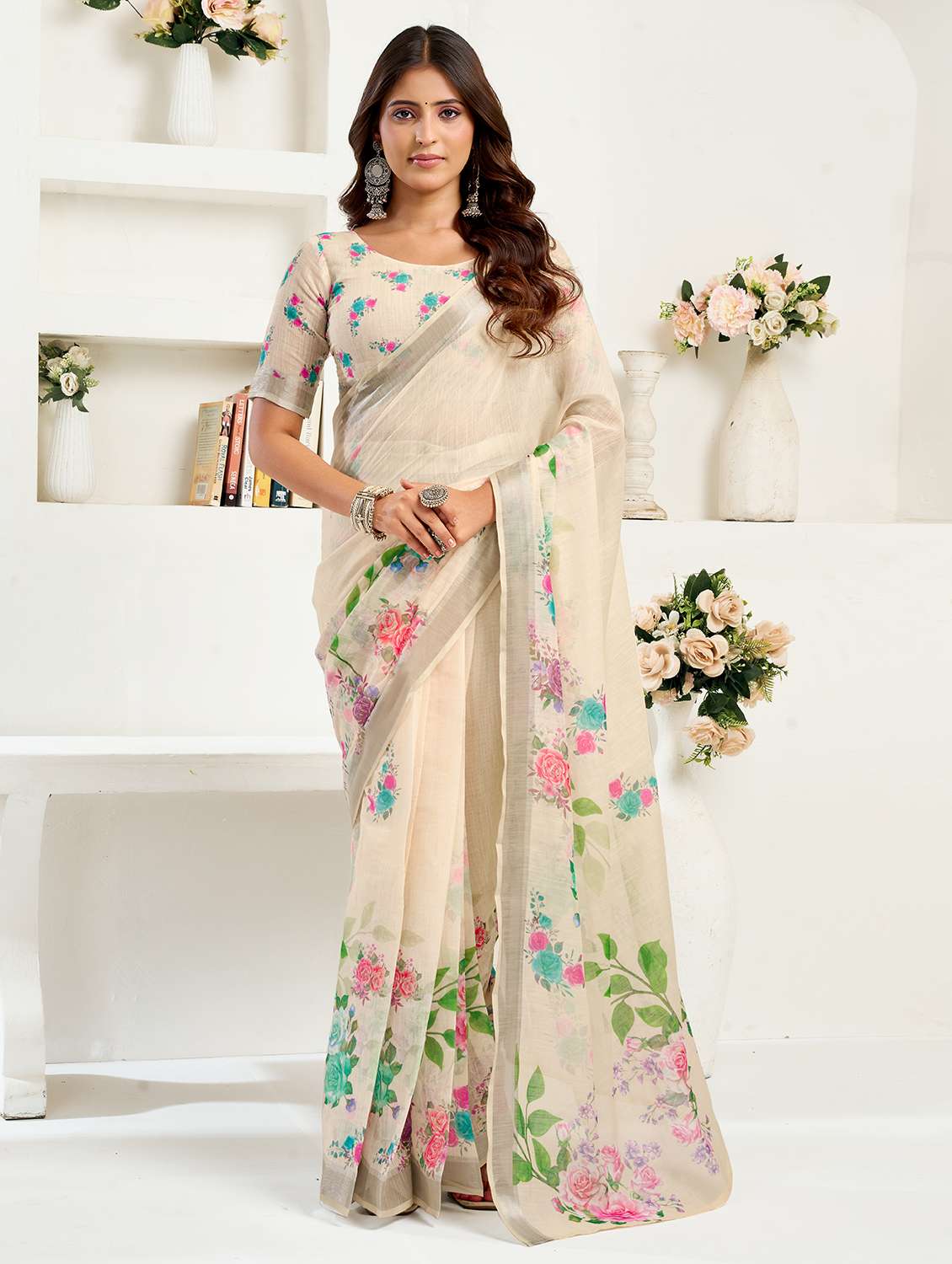 women floral printed ready to wear saree with blouse