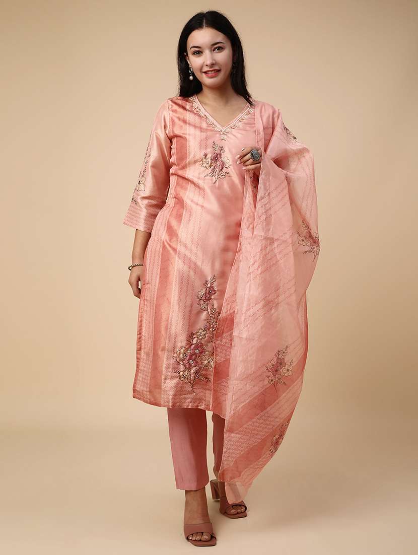 peach chanderi kurta pant  set - 22298235 -  Standard Image - 2