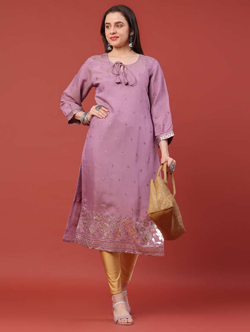 women embroidered three quarter sleeves straight kurta