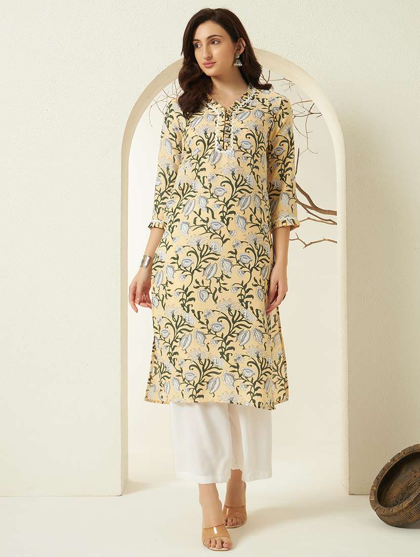 women floral three quarter sleeve straight kurta - 22298374 -  Standard Image - 2