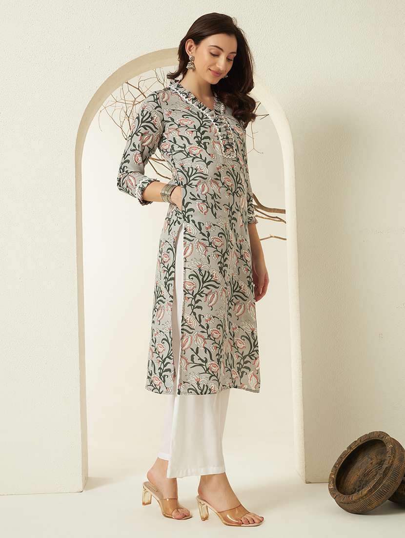 women floral three quarter sleeve straight kurta - 22298375 -  Standard Image - 2
