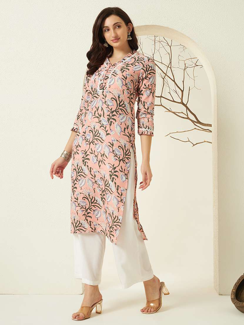 women floral three quarter sleeve straight kurta - 22298376 -  Standard Image - 2