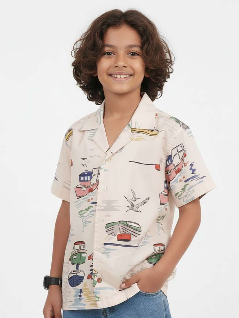 boys printed cuban collar short sleeve shirt