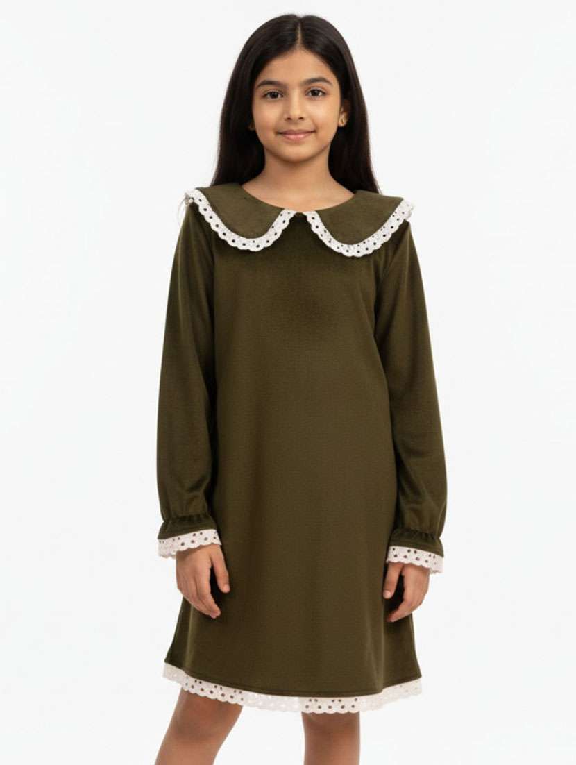 girls solid long sleeve flared dress