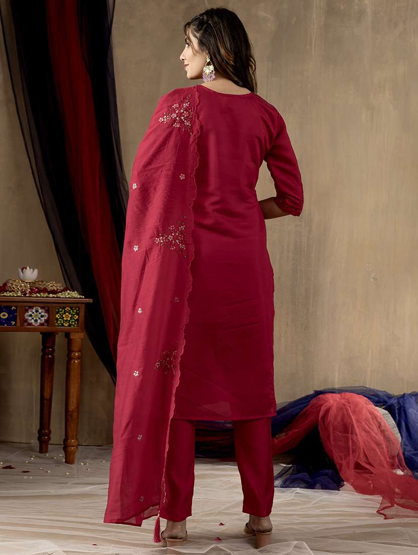 women solid with work three quarter sleeve kurta pant with dupatta set - 22298470 -  Standard Image - 2