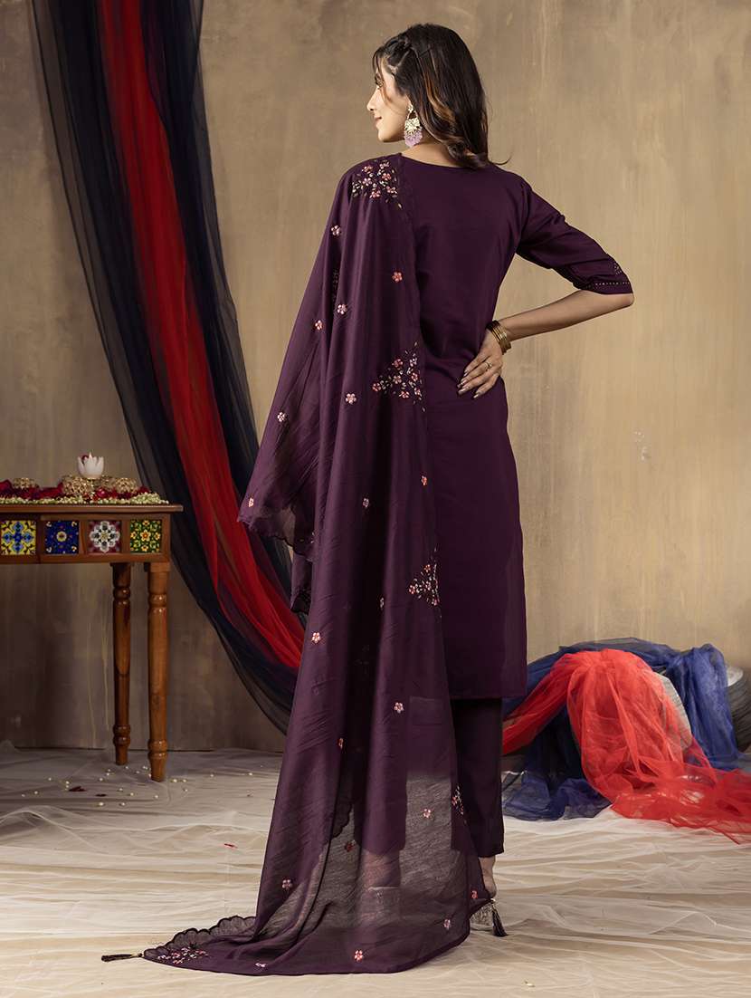 women solid with work three quarter sleeve kurta pant with dupatta set - 22298471 -  Standard Image - 2