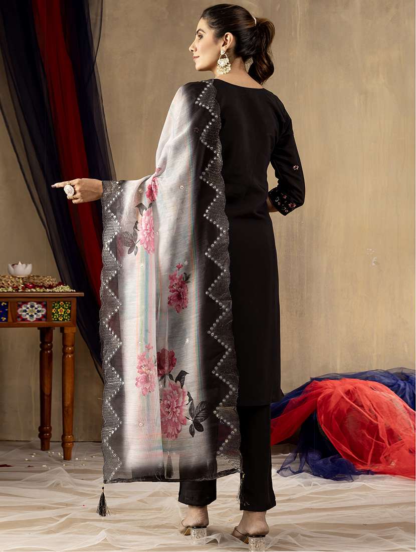 women solid with work three quarter sleeve kurta pant with dupatta set - 22298472 -  Standard Image - 2