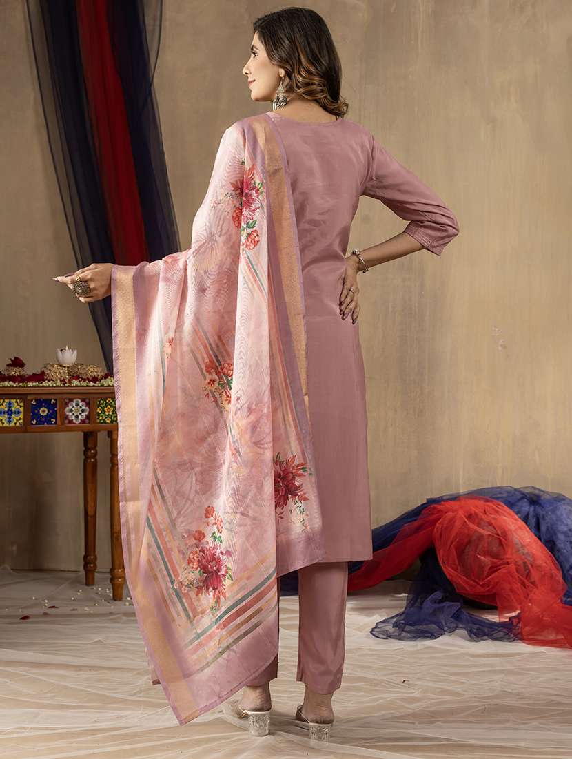 women solid with work three quarter sleeve kurta pant with dupatta set - 22298478 -  Standard Image - 2