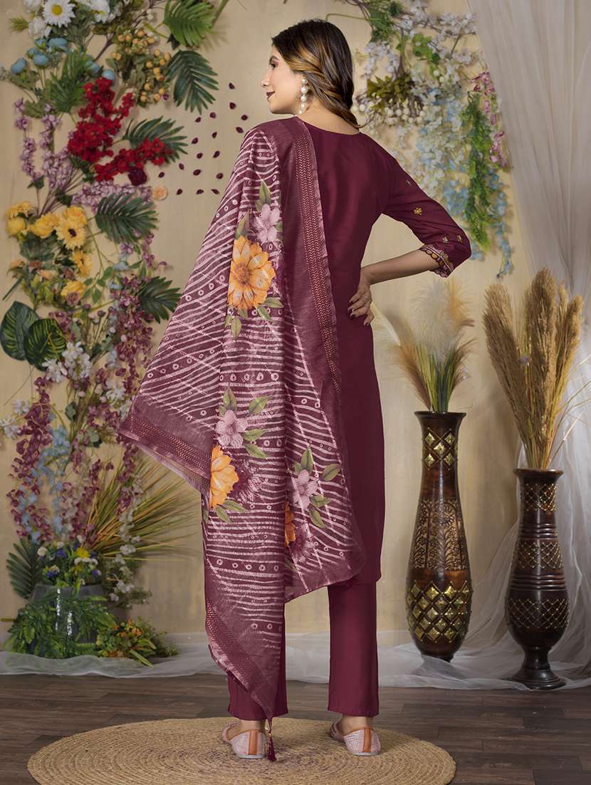 women solid with work three quarter sleeve kurta pant with dupatta set - 22298480 -  Standard Image - 2