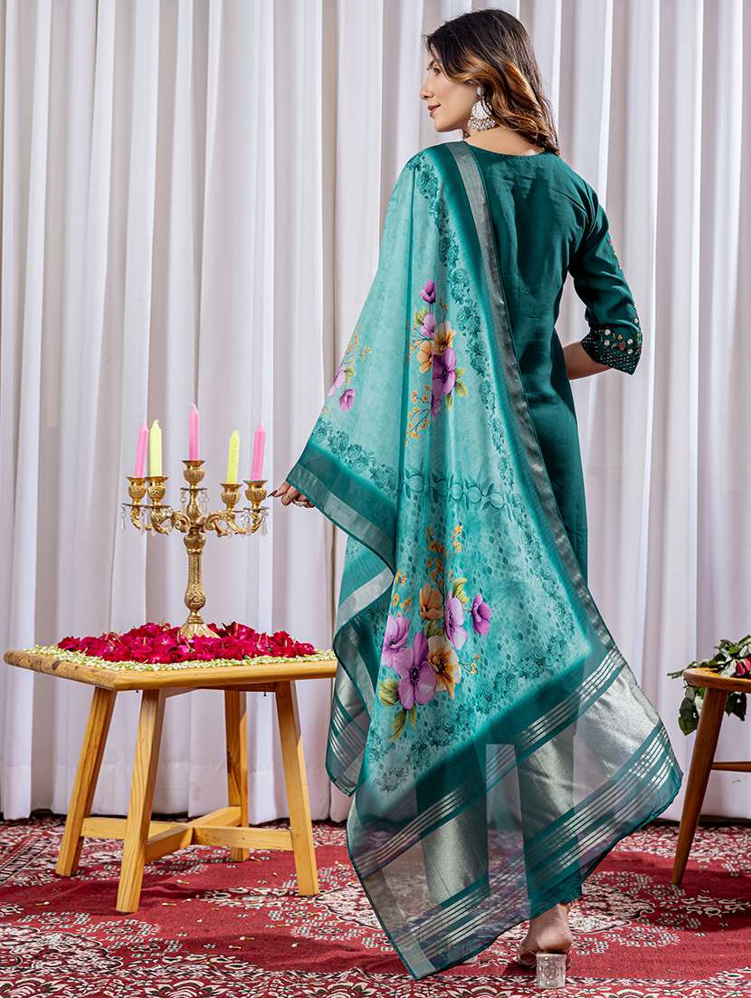 women solid with work three quarter sleeve kurta pant with dupatta set - 22298483 -  Standard Image - 2