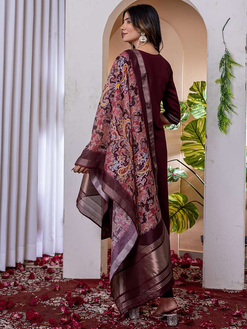 women solid with work three quarter sleeve kurta pant with dupatta set - 22298490 -  Standard Image - 2