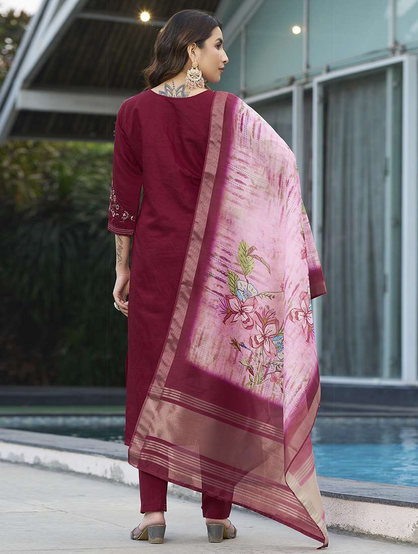 women solid with work three quarter sleeve kurta pant with dupatta set - 22298491 -  Standard Image - 2