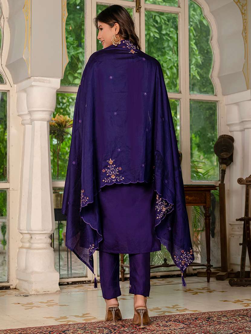 Women Solid With Work Three Quarter Sleeve Kurta Pant With Dupatta Set - 22298495 -  Standard Image - 2