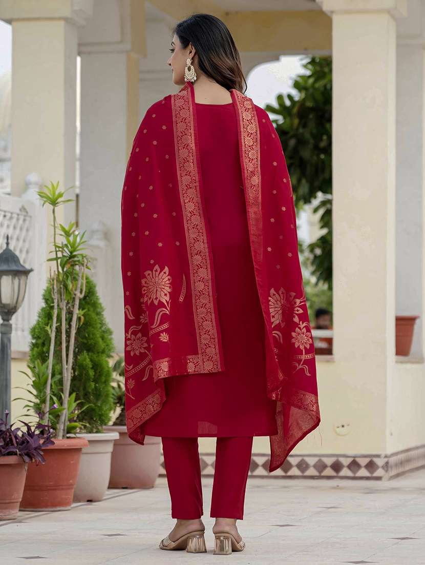women solid with work three quarter sleeve kurta pant with dupatta set - 22298496 -  Standard Image - 2